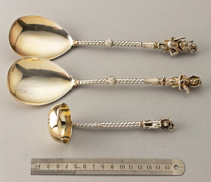 Antique Silver Figural Punch & Judy Spoon Set (2 Serving Spoons and Sifter Ladle)